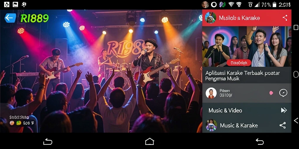 Antarmuka aplikasi RI889 dengan fitur Karaoke yang menarik.